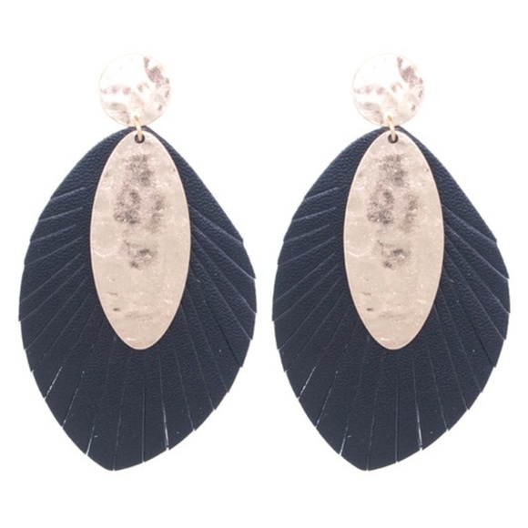 Jewelry - Black oval leather fringe w/gold metal earrings